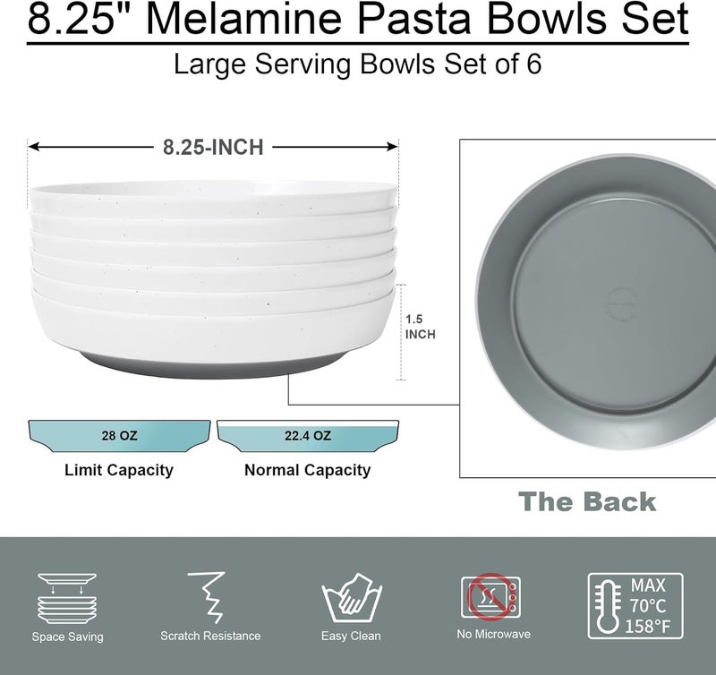 Webbylee 825 Melamine Pasta Bowls Set of 628oz Melamine Large Salad BowsDurable Serving Bowls for Cereal Fruit SoupDeep Enough for Kitchen and Dining WhiteGrey - Image 2