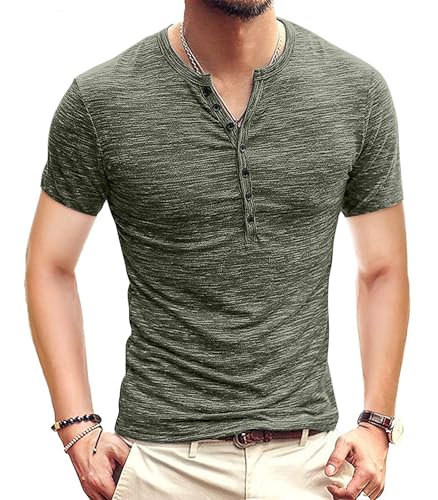 KUYIGO Men's Henley Shirts Short Sleeve Mens Casual Stylish Button Summer St Patrick's Day T-Shirt Army Green Large - Image 1