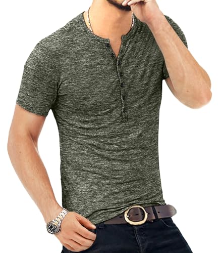 KUYIGO Men's Henley Shirts Short Sleeve Mens Casual Stylish Button Summer St Patrick's Day T-Shirt Army Green Large - Image 2