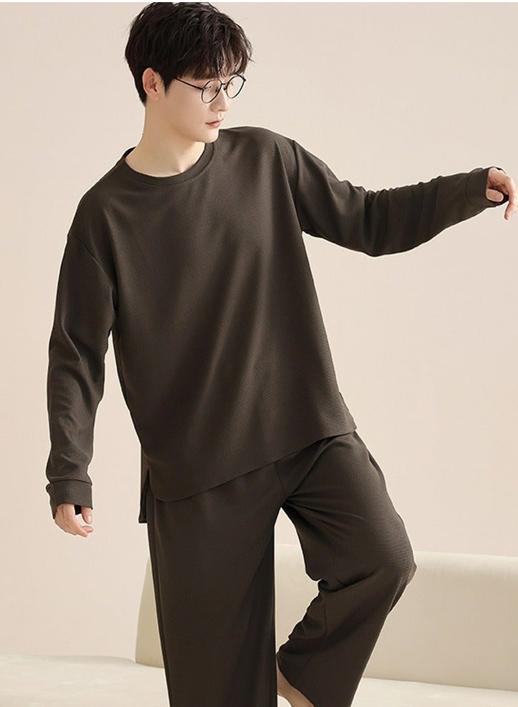 إسكدنيا Men's Solid Color 2-Piece Set  Leisure Nightgown Sleepwear Round Neck Long Sleeve Top And Pants Soft Loungewear Pajamas Suit Brown 