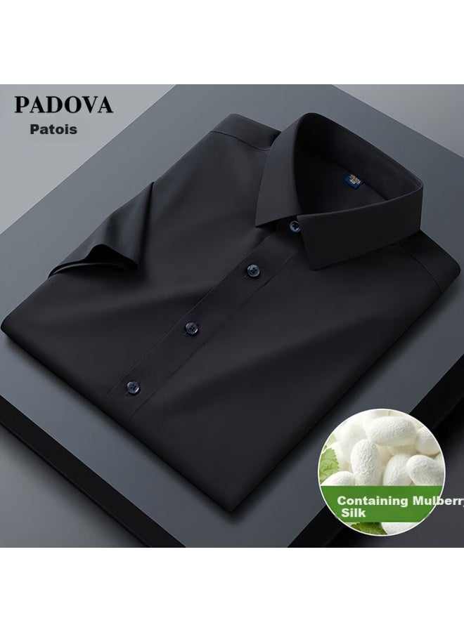 Patuowasang Silk Shirt For Men, Short-sleeved, Wrinkle-resistant, White, Business Casual, Square Collar, No Ironing Required, Black, XL