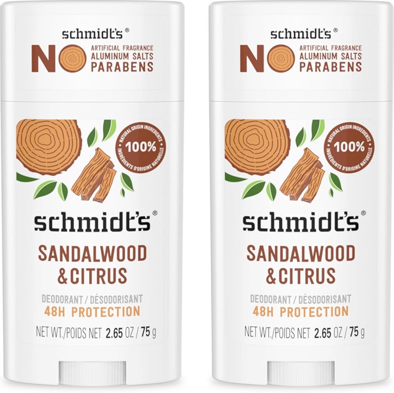 Schmidt's Aluminum Free Natural Deodorant for Women and Men, Sandalwood and Citrus with 24 Hour Odor Protection, Certified Natural, Vegan, Cruelty Free, 2.65 oz Pack of 2