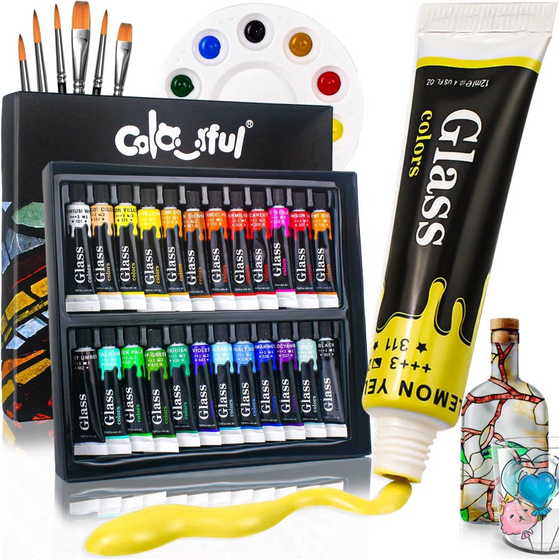 Colorful Stain Glass Paint Set with 6 Brushes, 1 Palette, 24 Color Waterproof Acrylic Enamel Painting Kit for Kids to Arts on Transparent Wine Glasses, Light Bulbs, Windows and Ceramics - Image 1