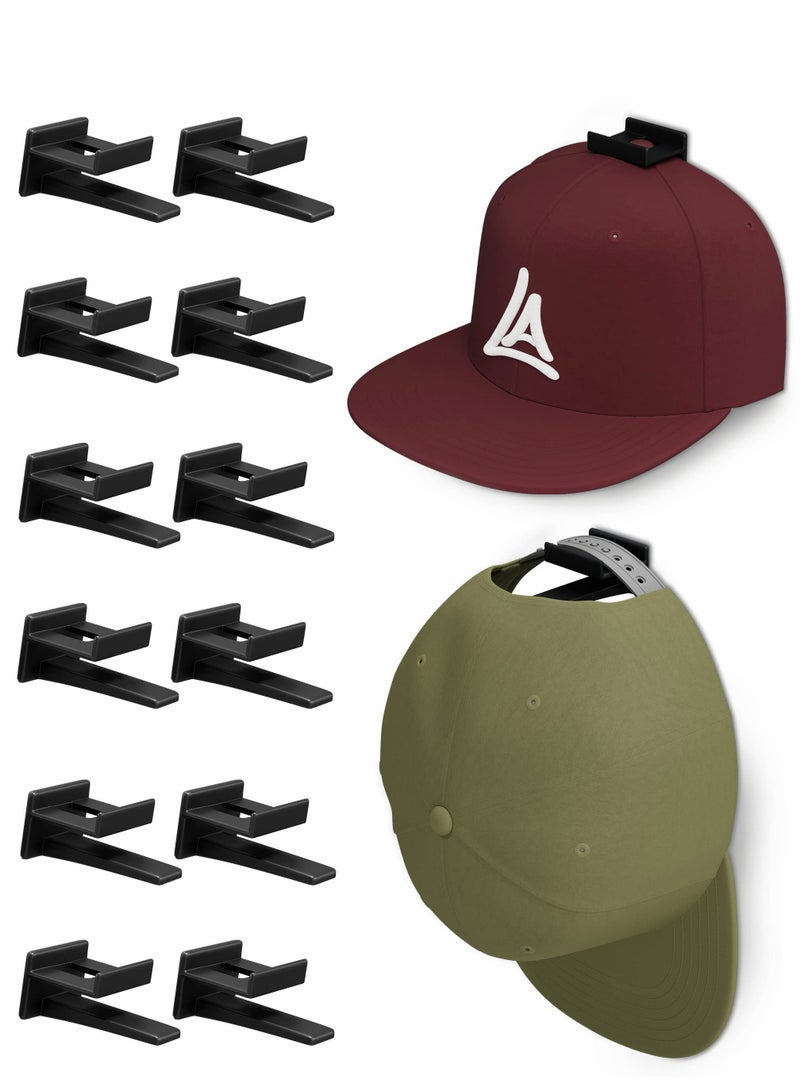 12 Pack Wall Adhesive Hat Hooks - No Drill, Strong Hold, Minimalist Design for Home & Mancave, USA Patent Pending (Black) - Image 1