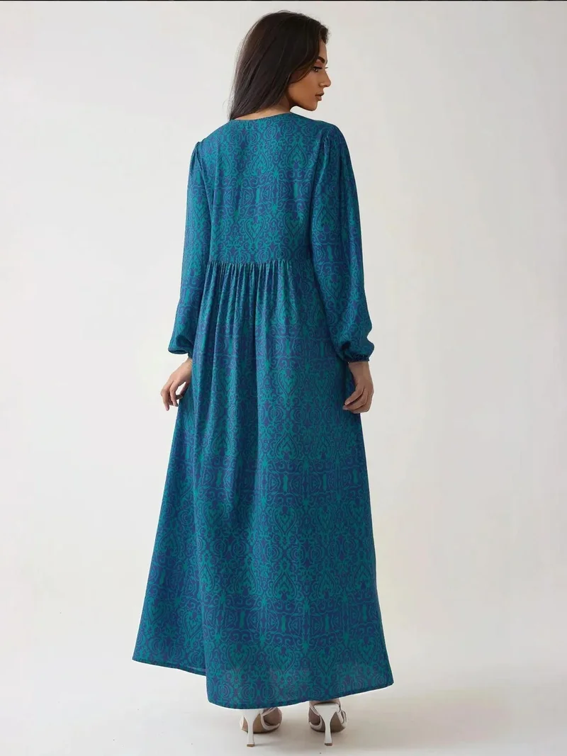 HICCUP Pine Green Printed A-Form Maxi Dress with Crew Neck for Women | Best Price UAE