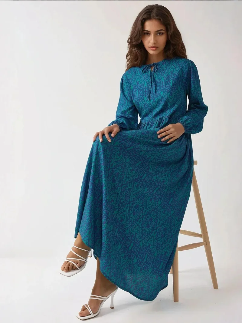 HICCUP Pine Green Printed A-Form Maxi Dress with Crew Neck for Women | Best Price UAE