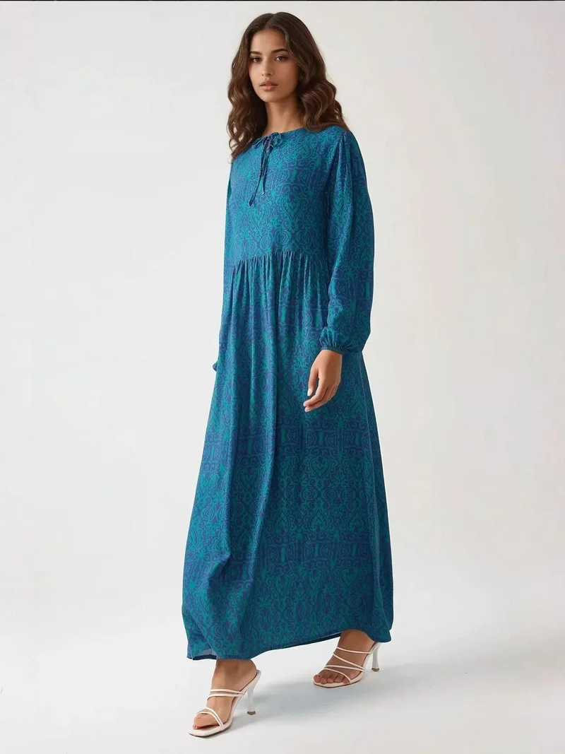 HICCUP Pine Green Printed A-Form Maxi Dress with Crew Neck for Women | Best Price UAE