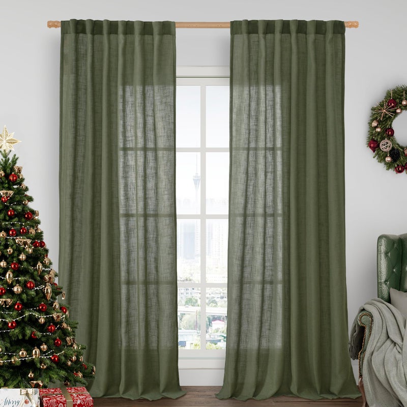 LAMIT Olive Green Linen Curtains 90 Inch for Living Room, Back Tab and Rod Pocket Linen Textured Christmas Curtains Light Filtering Drapes for Bedroom/Dining Room, Set of 2, 52 x 90 Inch - Image 1