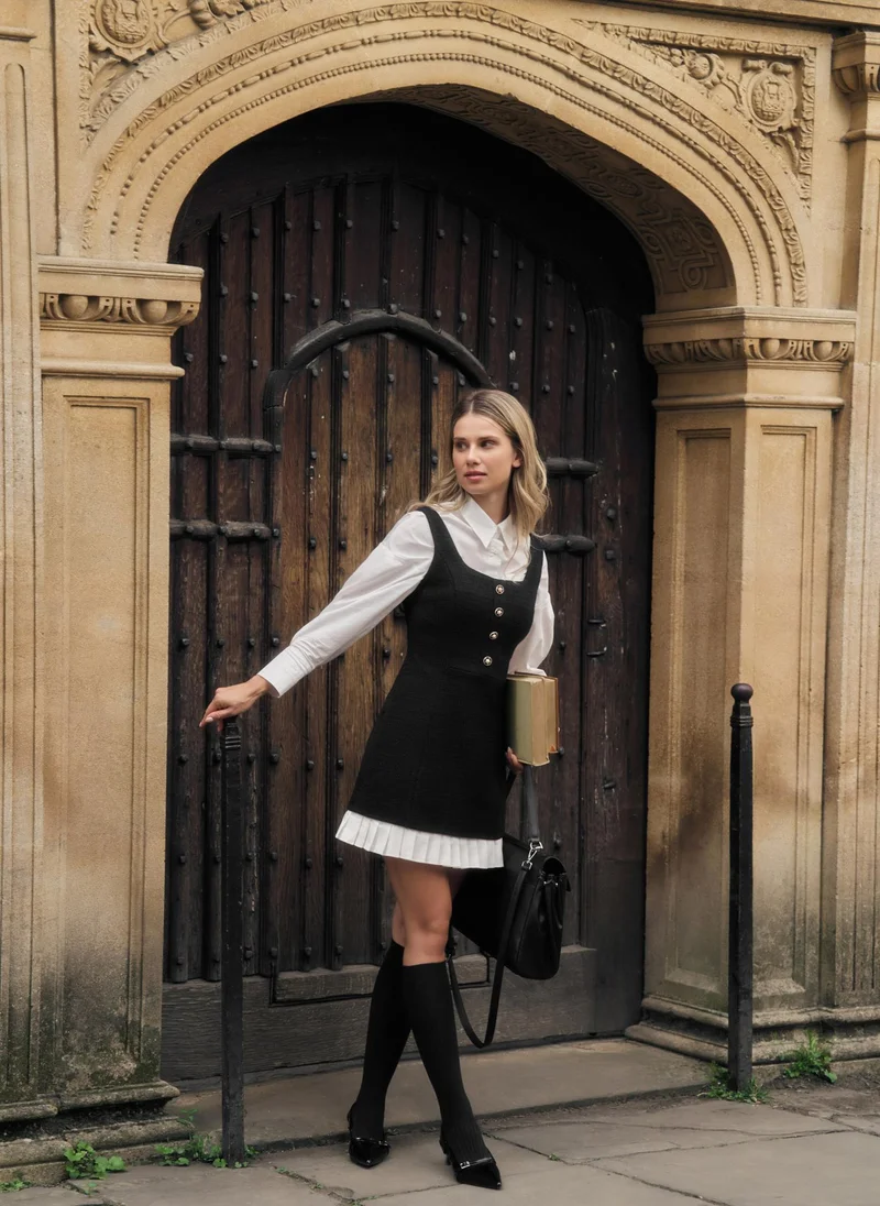 Lichi  Tweed mini dress with large buttons on the bodice for Women | Best Price UAE