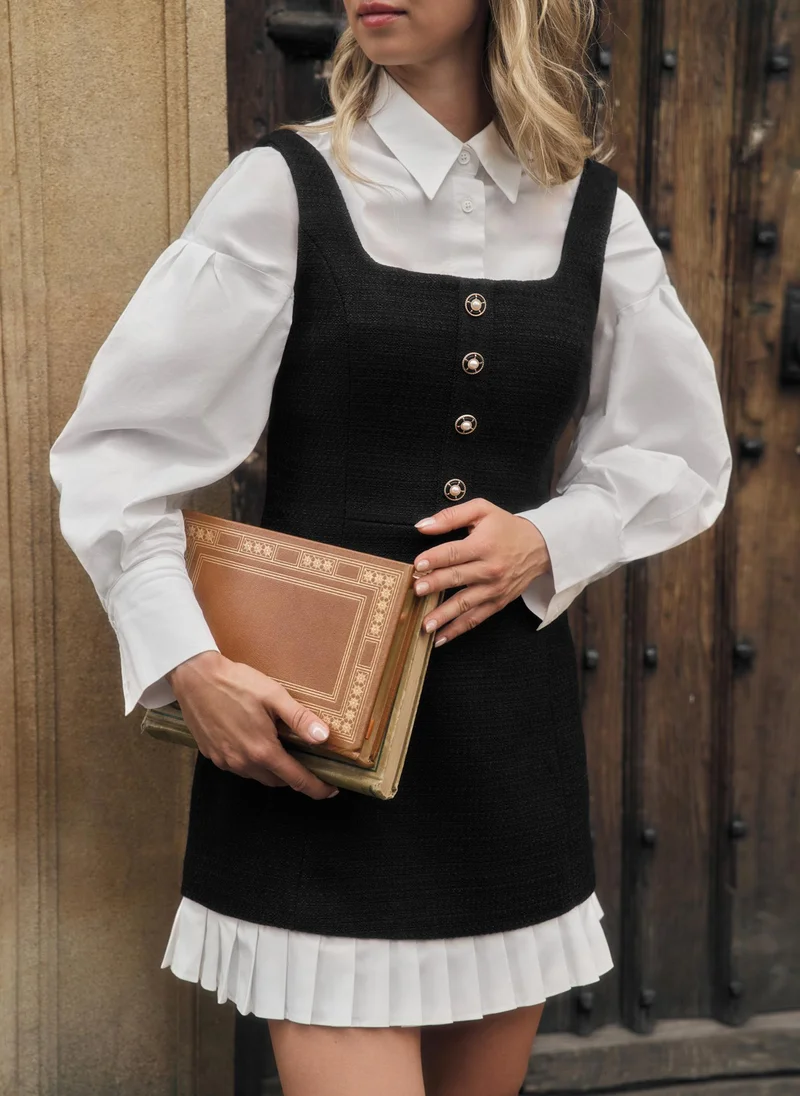 Tweed mini dress with large buttons on the bodice