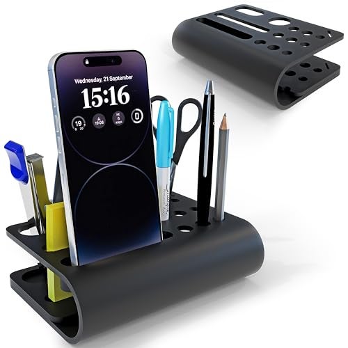 3 Lines Acrylic Tiny Twist Pen and Pencil Stationary Storage | Phone Stand | Mini Desk Organizer | Individual compartment for all the stationary | Home and Office Accessories | Black - Image 1