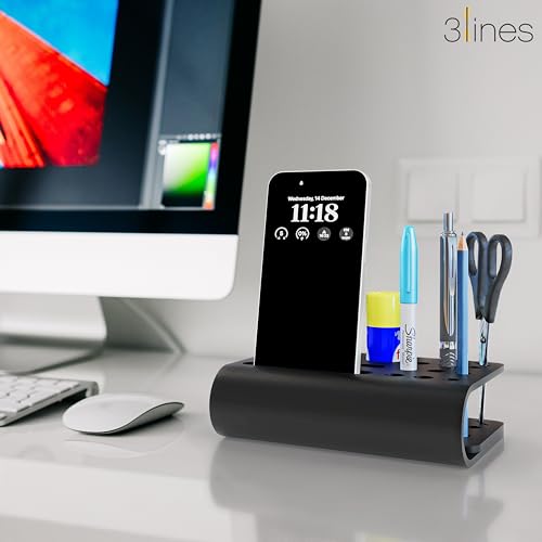 3 Lines Acrylic Tiny Twist Pen and Pencil Stationary Storage | Phone Stand | Mini Desk Organizer | Individual compartment for all the stationary | Home and Office Accessories | Black - Image 2