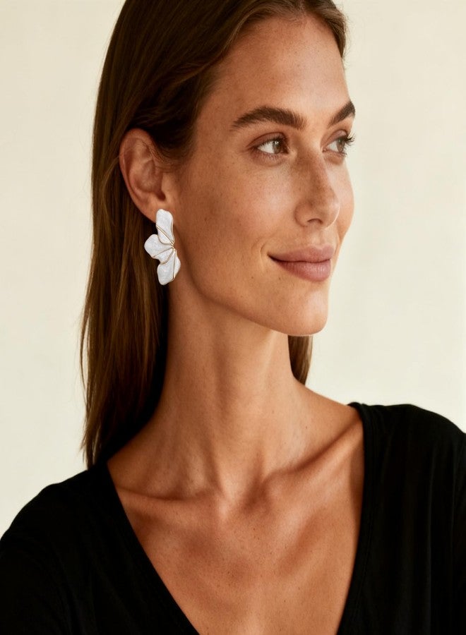 Nylry Chunky Gold Earrings for Women Large Gold flower Earrings Tropical White Floral Earring Big Summer Beachy Studs Earring Statement Trendy Jewelry Fashion Vacation Accessories for Women-White - Image 5