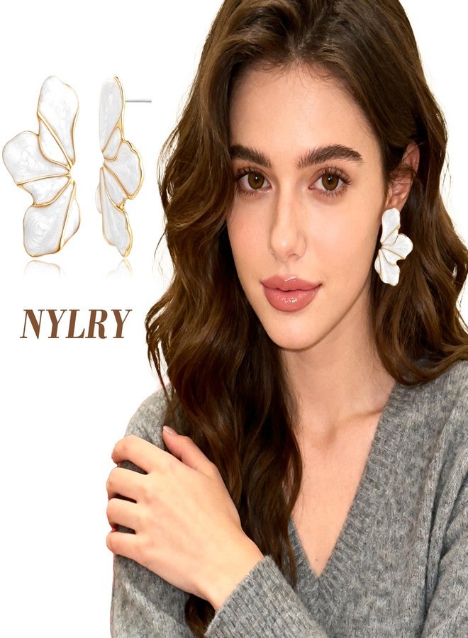 Nylry Chunky Gold Earrings for Women Large Gold flower Earrings Tropical White Floral Earring Big Summer Beachy Studs Earring Statement Trendy Jewelry Fashion Vacation Accessories for Women-White - Image 2