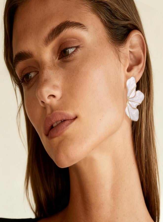 Nylry Chunky Gold Earrings for Women Large Gold flower Earrings Tropical White Floral Earring Big Summer Beachy Studs Earring Statement Trendy Jewelry Fashion Vacation Accessories for Women-White - Image 4