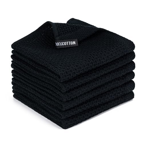 BOOMIBOO 6-Pack Kitchen Dish Cloths, 100% Cotton Waffle Weave, Ultra Soft Absorbent, Quick Drying Dish Towels, 12x12 Inches, Black - Image 1