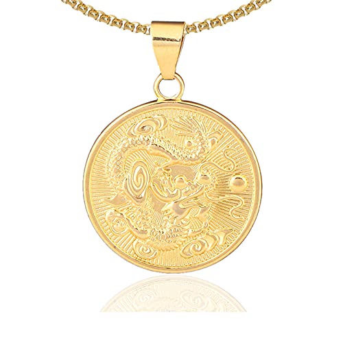 Fusamk Hip Hop 18K Gold Plated Dragon Round Tag Pendant Animal Necklace,22" Box Chain(Gold) - Image 1