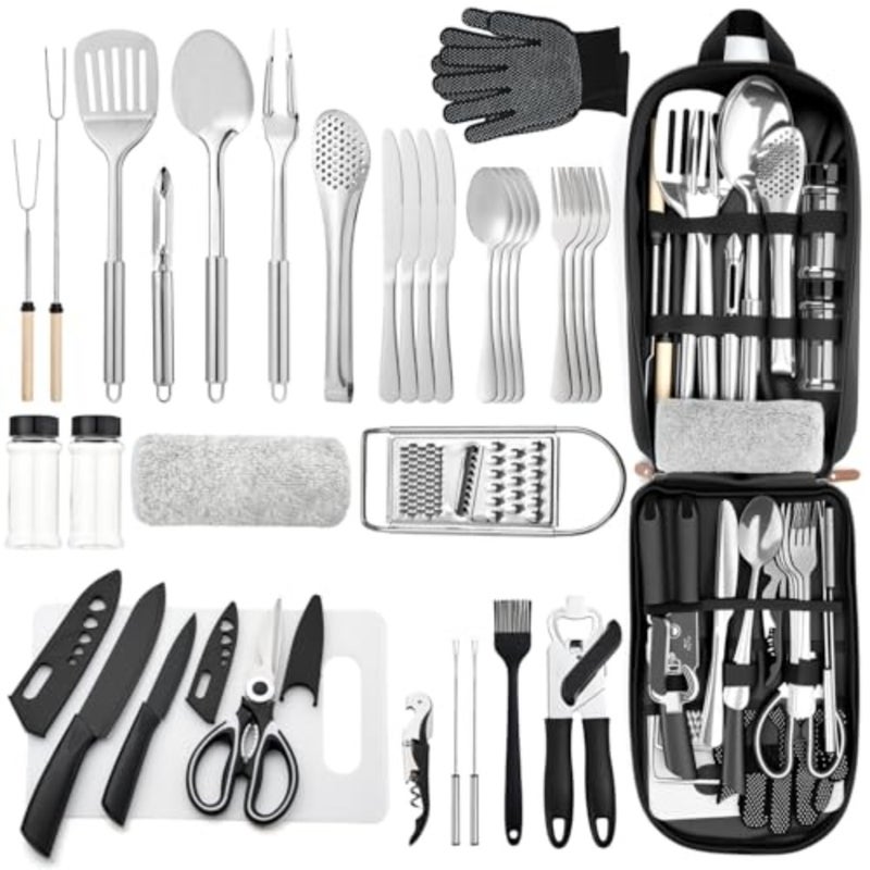 Portable Camping Kitchen Utensil 34 Pcs Set- Cookware Kit, Stainless Steel Outdoor Cooking and Grilling Utensil Organizer Travel Set Perfect for Travel, Picnics, RVs, Camping, BBQs, Parties - Image 1