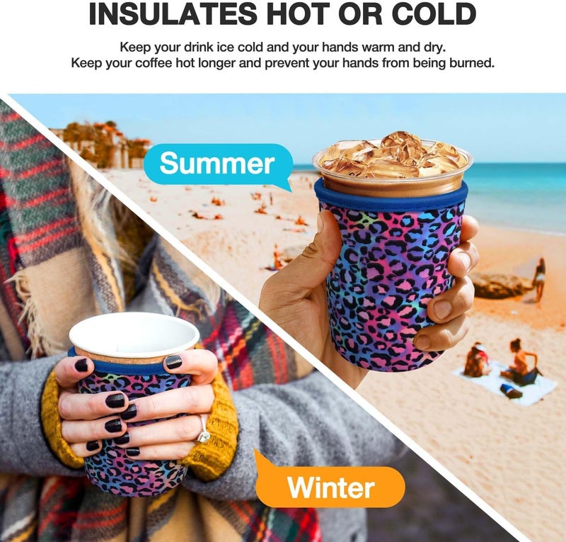 كي بي اكس Iced Coffee Cup Sleeve for Large Sized Cups, Reusable Neoprene Iced Coffee Cup Holder for Hot Cold Drinks, Compatible with Starbucks, Dunkin Donuts, and More (Sparkling Leopard) - Image 4