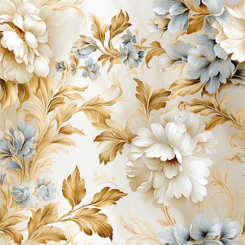 MuralPeel ورق جدران قابل للإزالة بتصميم زهور البوني الأبيض والذهبي والأزرق - سهل اللصق والإزالة للغرف والخزائن للمستأجرين - Image 1