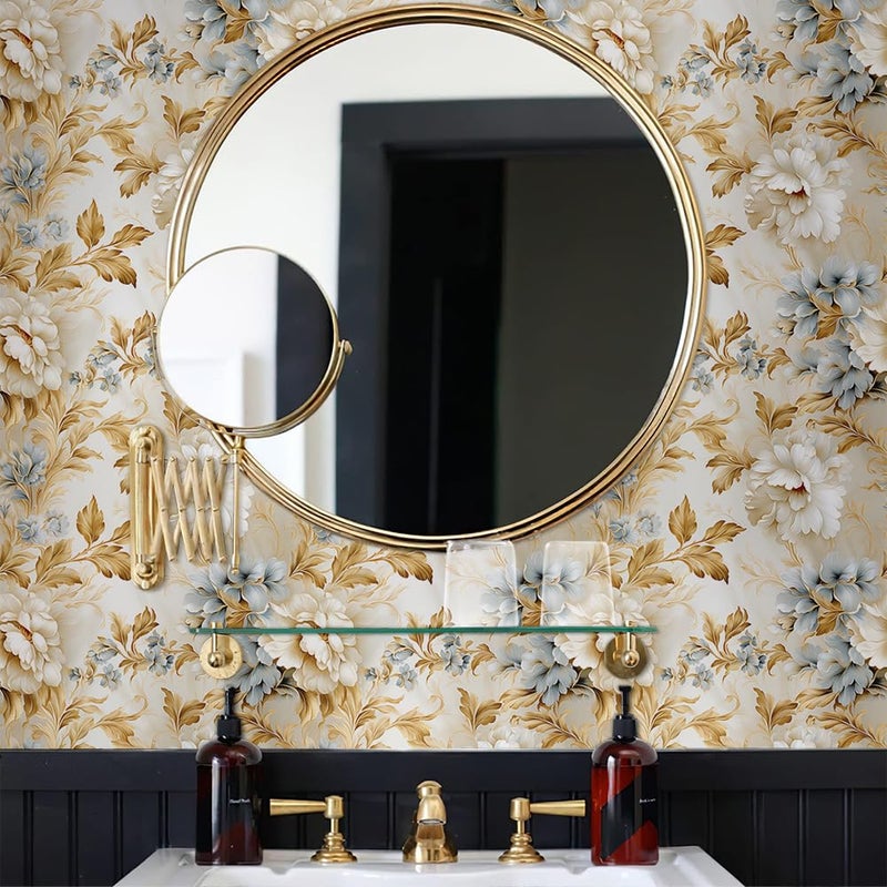 MuralPeel ورق جدران قابل للإزالة بتصميم زهور البوني الأبيض والذهبي والأزرق - سهل اللصق والإزالة للغرف والخزائن للمستأجرين - Image 4