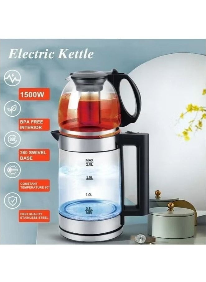 DENX DX2015 Double Pot Electric Kettle 1500W – 1.8L Water Kettle + 1.0L Teapot, Fast Boiling Glass Kettle with Removable Stainless Steel Tea Filter, Automatic Shut-Off & 360° Base - Image 2