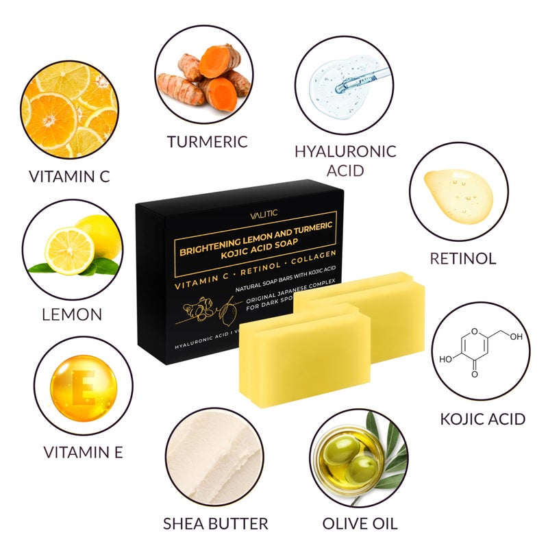 VALITIC Brightening Lemon & Turmeric Kojic Acid Soap with Vitamin C, Retinol, Collagen - Original Japanese Complex Infused with Hyaluronic Acid, Vitamin E, Shea Butter, Castile Olive Oil (4 Pack) - Image 4