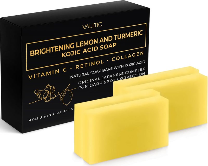 VALITIC Brightening Lemon & Turmeric Kojic Acid Soap with Vitamin C, Retinol, Collagen - Original Japanese Complex Infused with Hyaluronic Acid, Vitamin E, Shea Butter, Castile Olive Oil (4 Pack) - Image 1