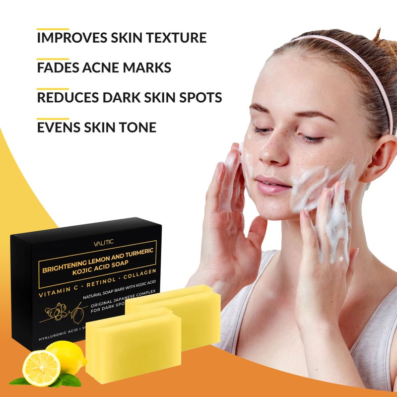 VALITIC Brightening Lemon & Turmeric Kojic Acid Soap with Vitamin C, Retinol, Collagen - Original Japanese Complex Infused with Hyaluronic Acid, Vitamin E, Shea Butter, Castile Olive Oil (4 Pack) - Image 2