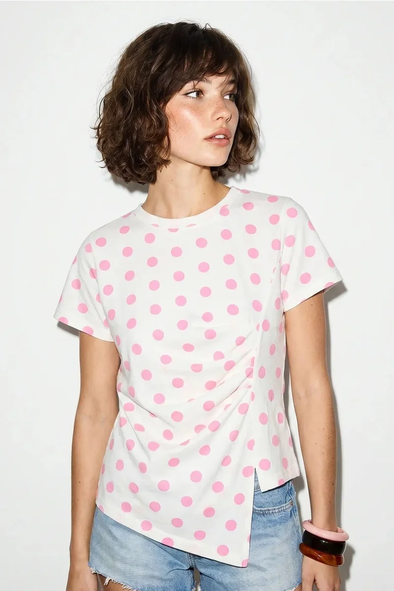 بيانكو لوتشي LUCCI Women's Fitted Polka Dot Crew Neck T-Shirt