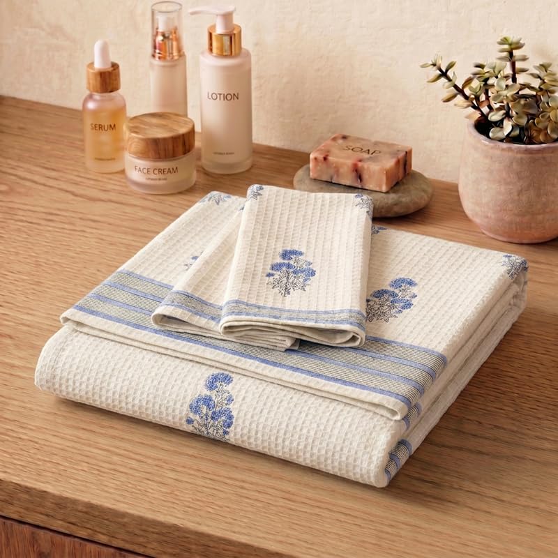Peepul Tree Block Printed Hand and Bath Towels, Super Absorbent, Soft & Faster Drying, Floral Printed 100% Pure Cotton, 240 GSM (1 Hand and 1 Bath Towel, Off-White & Blue Floral) - Image 1