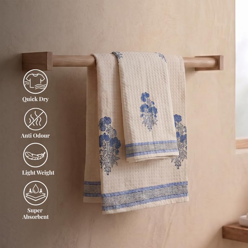 Peepul Tree Block Printed Hand and Bath Towels, Super Absorbent, Soft & Faster Drying, Floral Printed 100% Pure Cotton, 240 GSM (1 Hand and 1 Bath Towel, Off-White & Blue Floral) - Image 4