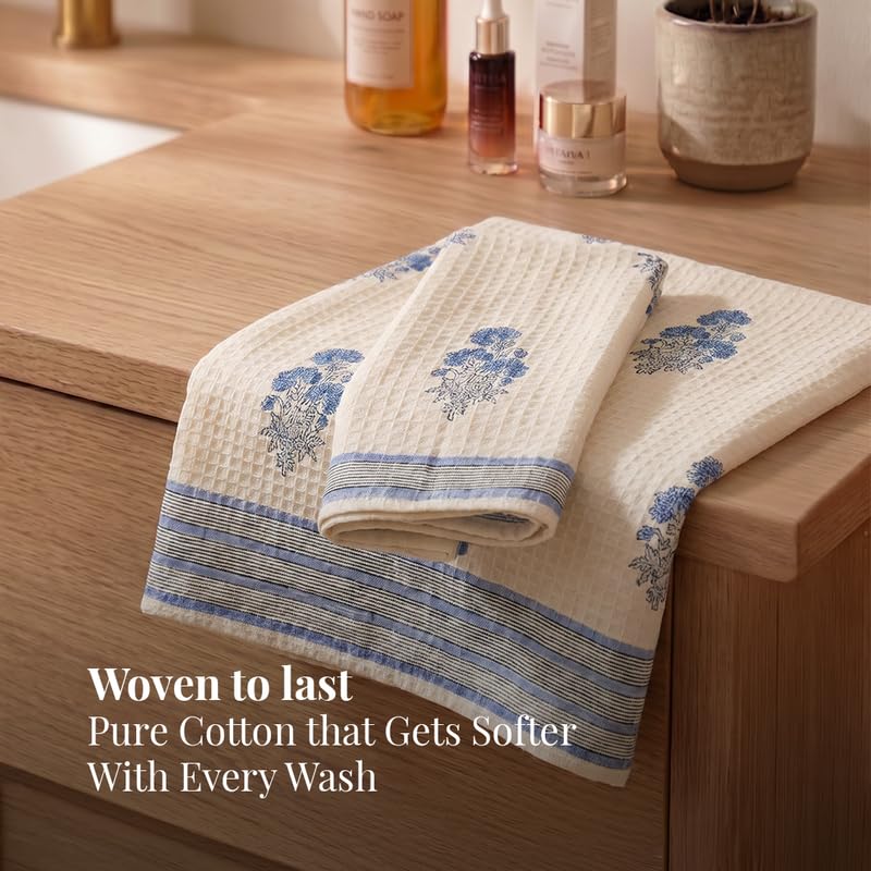 Peepul Tree Block Printed Hand and Bath Towels, Super Absorbent, Soft & Faster Drying, Floral Printed 100% Pure Cotton, 240 GSM (1 Hand and 1 Bath Towel, Off-White & Blue Floral) - Image 3