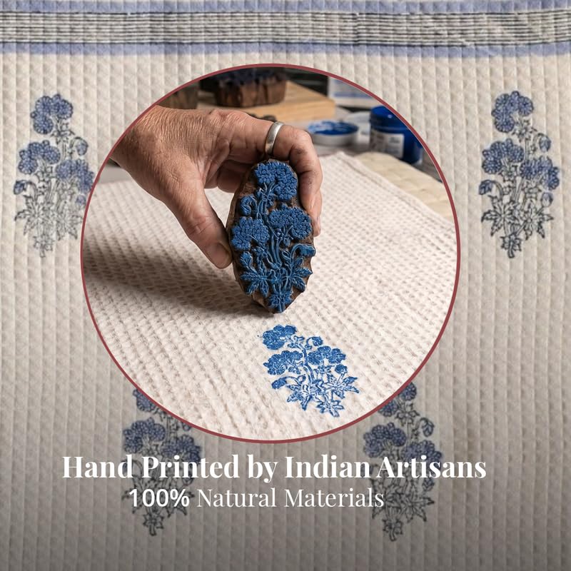Peepul Tree Block Printed Hand and Bath Towels, Super Absorbent, Soft & Faster Drying, Floral Printed 100% Pure Cotton, 240 GSM (1 Hand and 1 Bath Towel, Off-White & Blue Floral) - Image 5