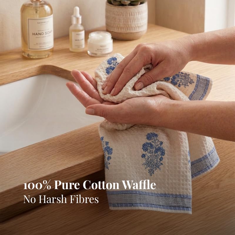 Peepul Tree Block Printed Hand and Bath Towels, Super Absorbent, Soft & Faster Drying, Floral Printed 100% Pure Cotton, 240 GSM (1 Hand and 1 Bath Towel, Off-White & Blue Floral) - Image 2