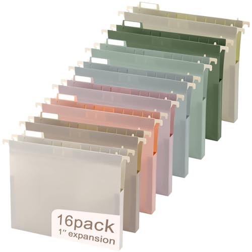 gisgfim 16 Pack Plastic Hanging File Folder Letter Size 1inch Expanding File Folders with Tabs Extra Capacity Hang Folders Heavy Duty for Filing Cabinet Designed for Bulky Files Morandi Colors - Image 1