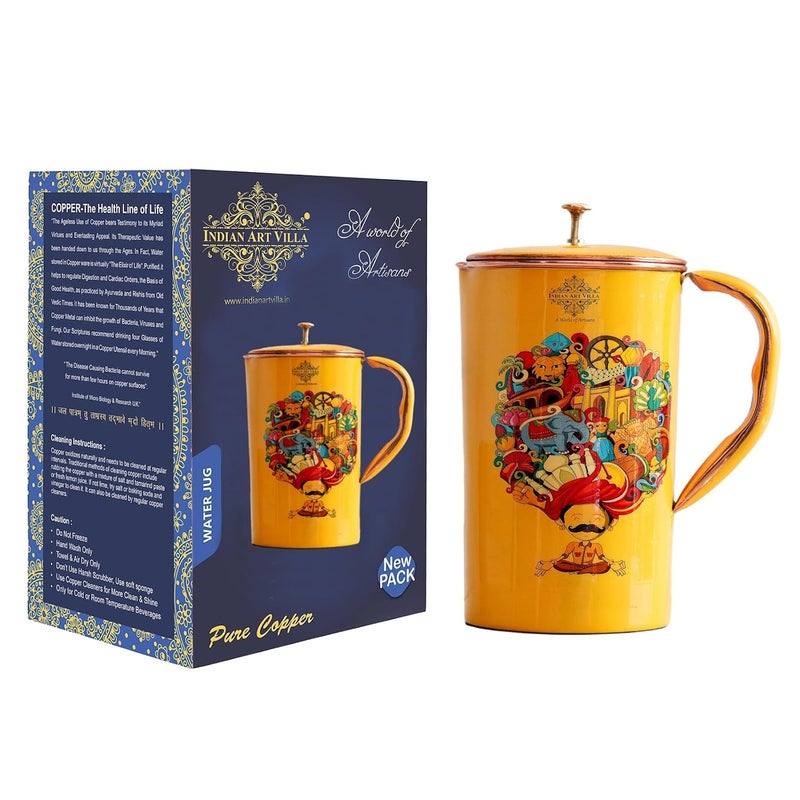 INDIAN ART VILLA INDIAN ART VILLA Copper Water Jug Rajasthani Theme Printed Ayurvedic Health Benefits Storage Serving Water 15 Litre - Image 1