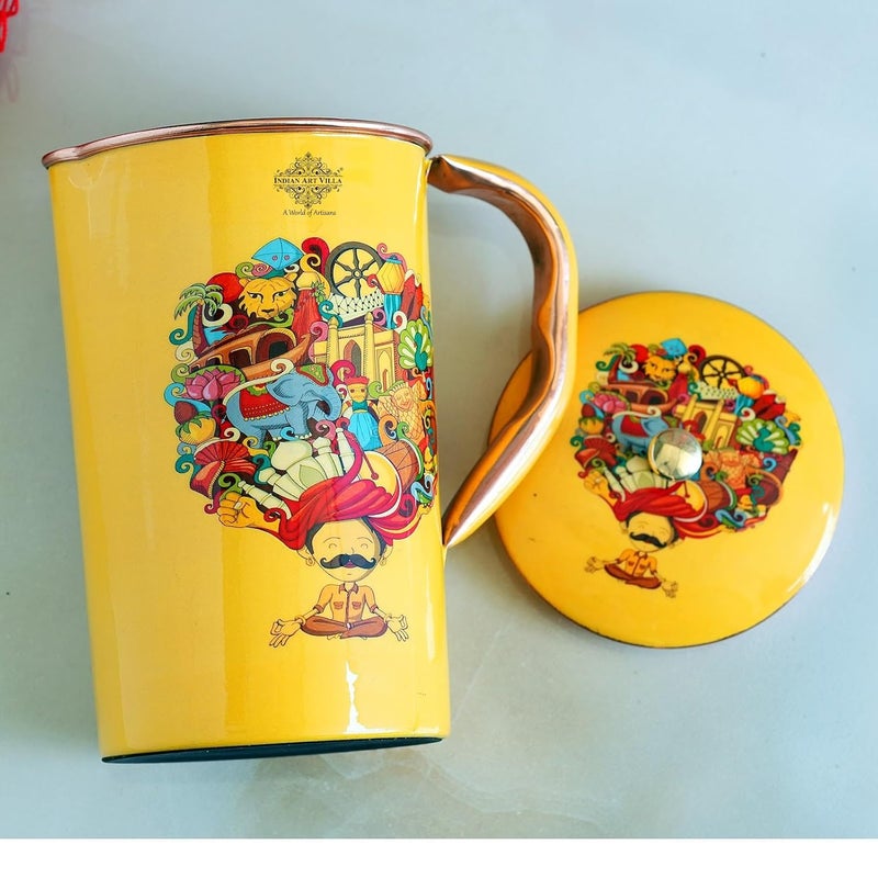 INDIAN ART VILLA INDIAN ART VILLA Copper Water Jug Rajasthani Theme Printed Ayurvedic Health Benefits Storage Serving Water 15 Litre - Image 4