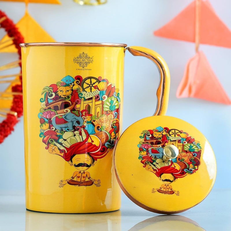 INDIAN ART VILLA INDIAN ART VILLA Copper Water Jug Rajasthani Theme Printed Ayurvedic Health Benefits Storage Serving Water 15 Litre - Image 2
