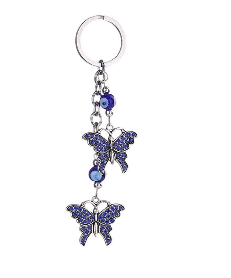 BLUE BEADS Silver Color with Blue Crystal Butterfly Keychain For Bike/Car Gifting With Key Ring Anti-Rust - Image 1