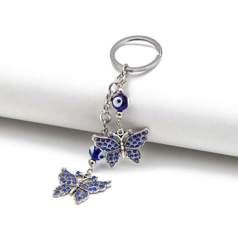BLUE BEADS Silver Color with Blue Crystal Butterfly Keychain For Bike/Car Gifting With Key Ring Anti-Rust - Image 2