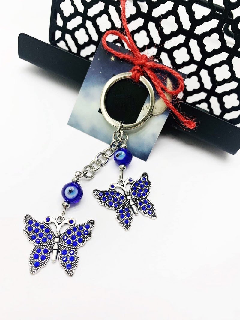 BLUE BEADS Silver Color with Blue Crystal Butterfly Keychain For Bike/Car Gifting With Key Ring Anti-Rust - Image 3