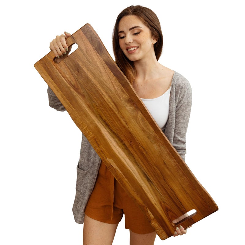 Large Acacia Serving Board with Handles 36 x 12 Inch Rectangular Charcuterie Platter Natural Wood Server for Meat Cheese Board and Party Appetizers Extra Long 3ft Light