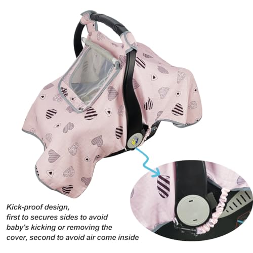 ICOPUCA Car seat Covers for Babies, Infant Carseat Canopy for Newborn Carrier, Kick Proof Yet Anti-Slip Design, Muslin, fit Summer, Spring, Autumn, Pink Heart, Perfect for Girl; - Image 5