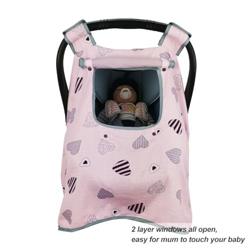 ICOPUCA Car seat Covers for Babies, Infant Carseat Canopy for Newborn Carrier, Kick Proof Yet Anti-Slip Design, Muslin, fit Summer, Spring, Autumn, Pink Heart, Perfect for Girl; - Image 4