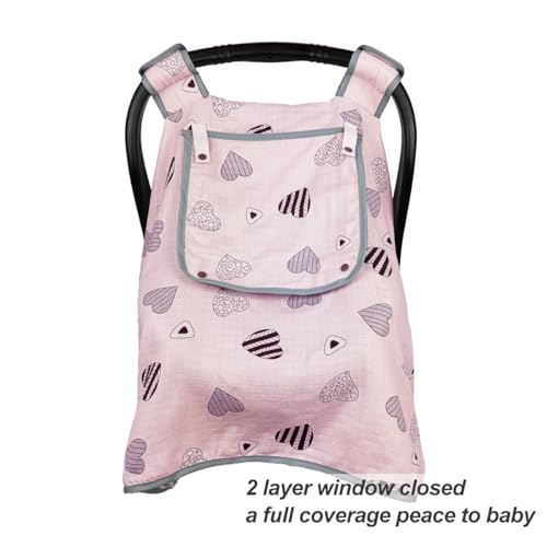 ICOPUCA Car seat Covers for Babies, Infant Carseat Canopy for Newborn Carrier, Kick Proof Yet Anti-Slip Design, Muslin, fit Summer, Spring, Autumn, Pink Heart, Perfect for Girl; - Image 2