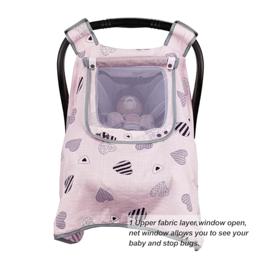 ICOPUCA Car seat Covers for Babies, Infant Carseat Canopy for Newborn Carrier, Kick Proof Yet Anti-Slip Design, Muslin, fit Summer, Spring, Autumn, Pink Heart, Perfect for Girl; - Image 3