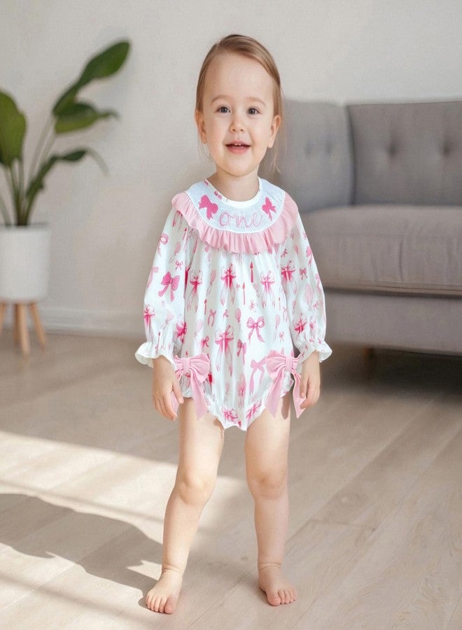 Pudcoco Baby Girls First Birthday Outfit 1st Birthday Romper Coquette Bow Bubble Smocked One Embroidery Ruffle Jumpsuit (Pink Bow Smocked, 12-18 Months) - Image 3