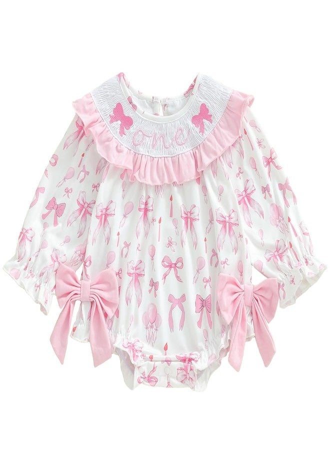 Pudcoco Baby Girls First Birthday Outfit 1st Birthday Romper Coquette Bow Bubble Smocked One Embroidery Ruffle Jumpsuit (Pink Bow Smocked, 12-18 Months) - Image 1
