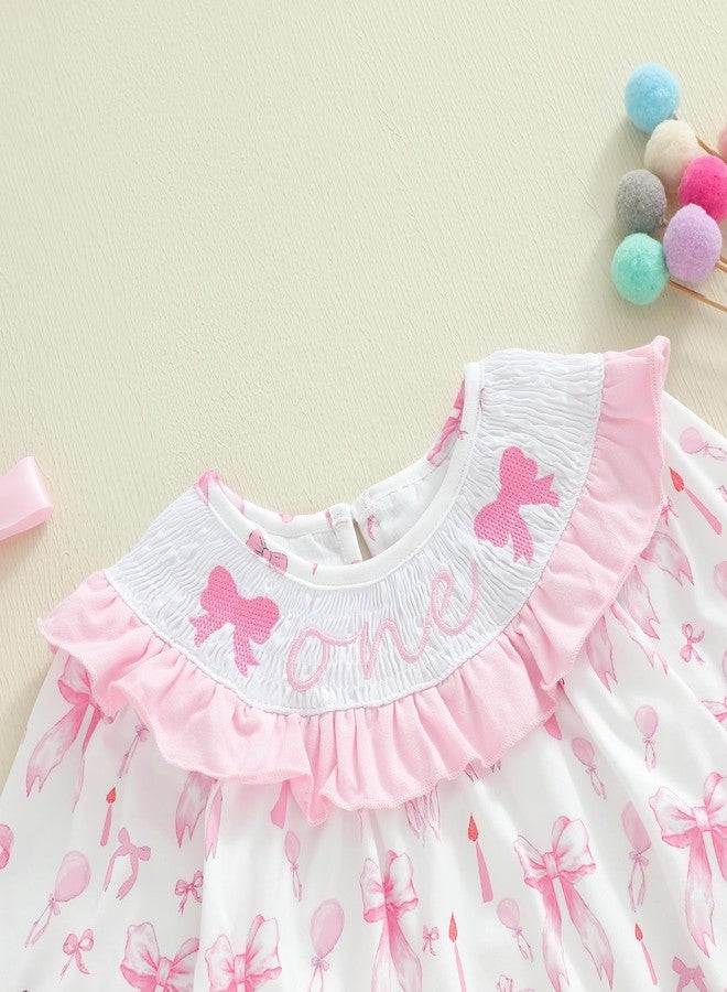 Pudcoco Baby Girls First Birthday Outfit 1st Birthday Romper Coquette Bow Bubble Smocked One Embroidery Ruffle Jumpsuit (Pink Bow Smocked, 12-18 Months) - Image 4